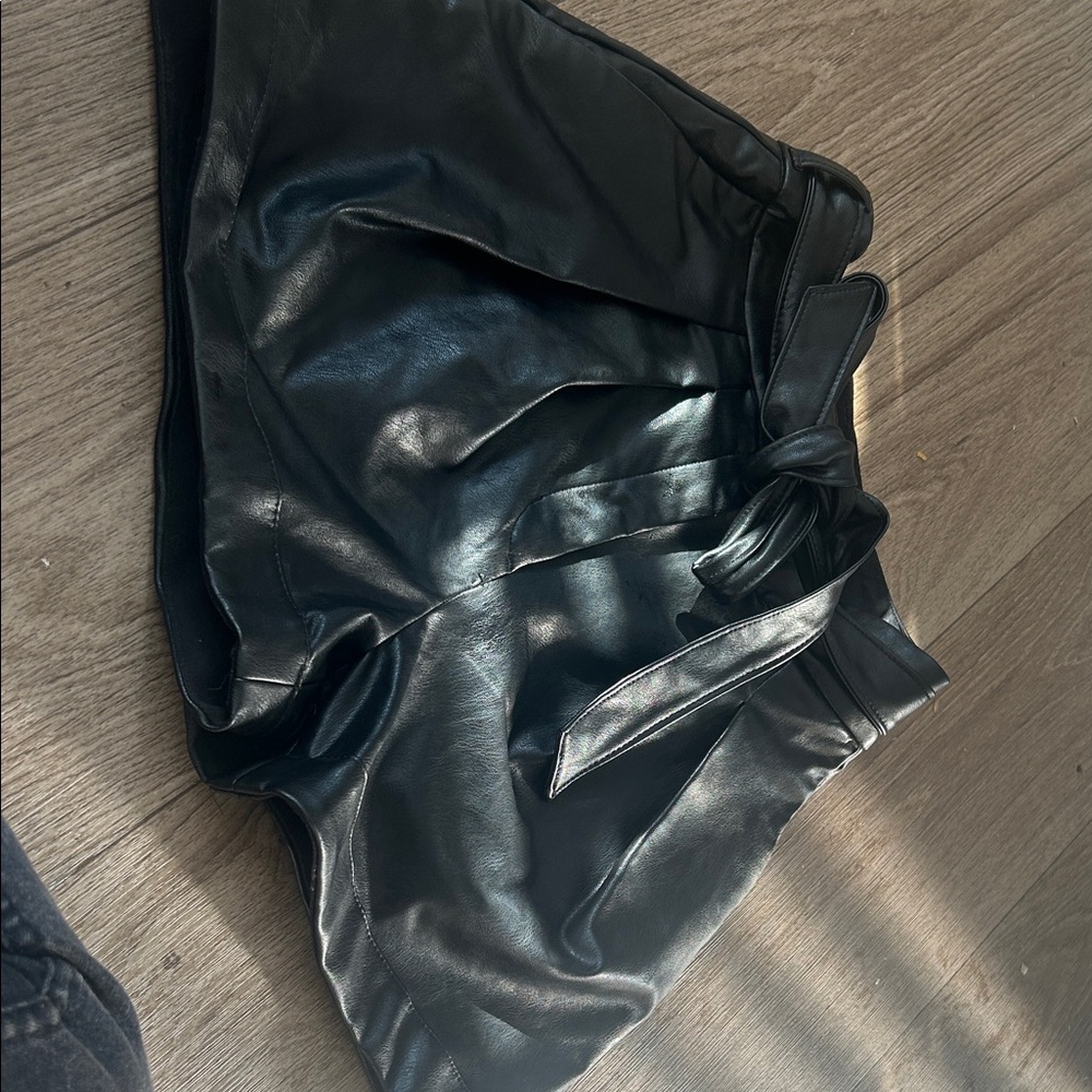 Express Black Faux Leather Shorts with Pleat Button Detail